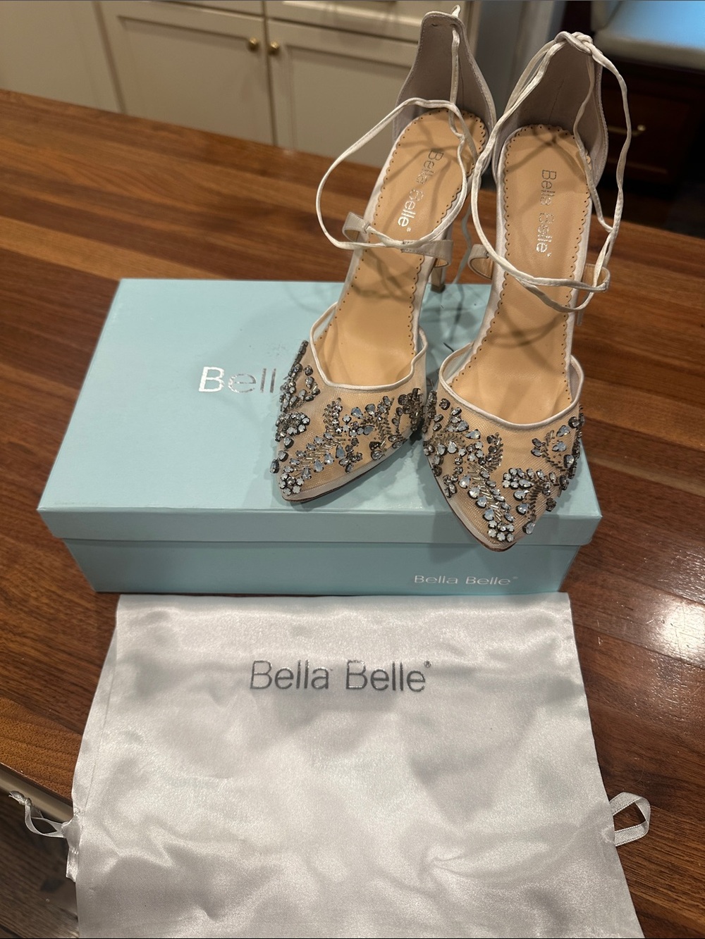 Bella Belle Bridal Ivory Crystal-Embellished Pointed Lace-Up Heels